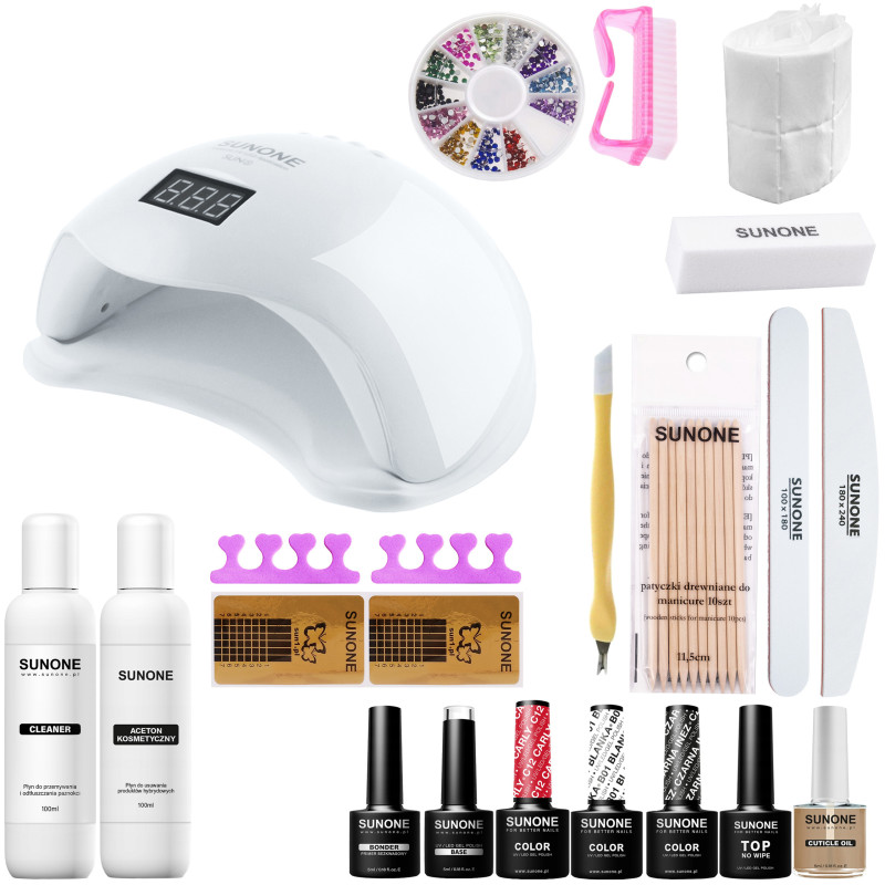 SunOne S02 - Zestaw manicure hybrydowego, lampa, akcesoria i kosmetyki do paznokci