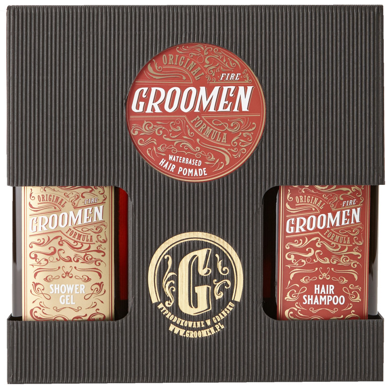 Groomen FIRE Zestaw do ciała i włosów – żel pod prysznic, szampon i pomada do włosów, 2x300ml+120g
