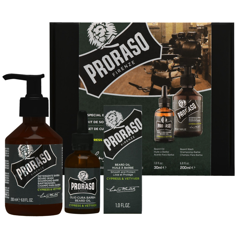 Proraso Cypress & Vetyver Duo Pack – szampon i olejek do brody, 200ml+30ml