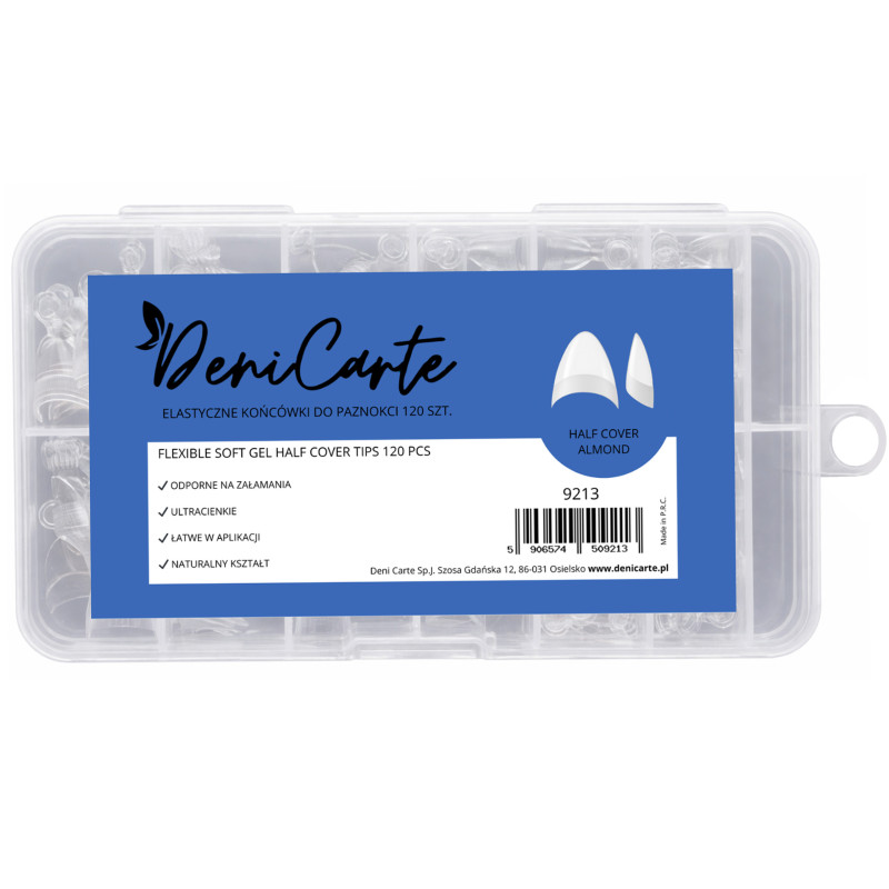 DeniCarte Tipsy Flexible Short Almond Half Cover – elastyczne tipsy do stylizacji paznokci 120 szt.